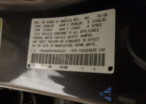 2009 Acura Tl 3.5 из США, поврежденный, VIN 19UUA86509A004221